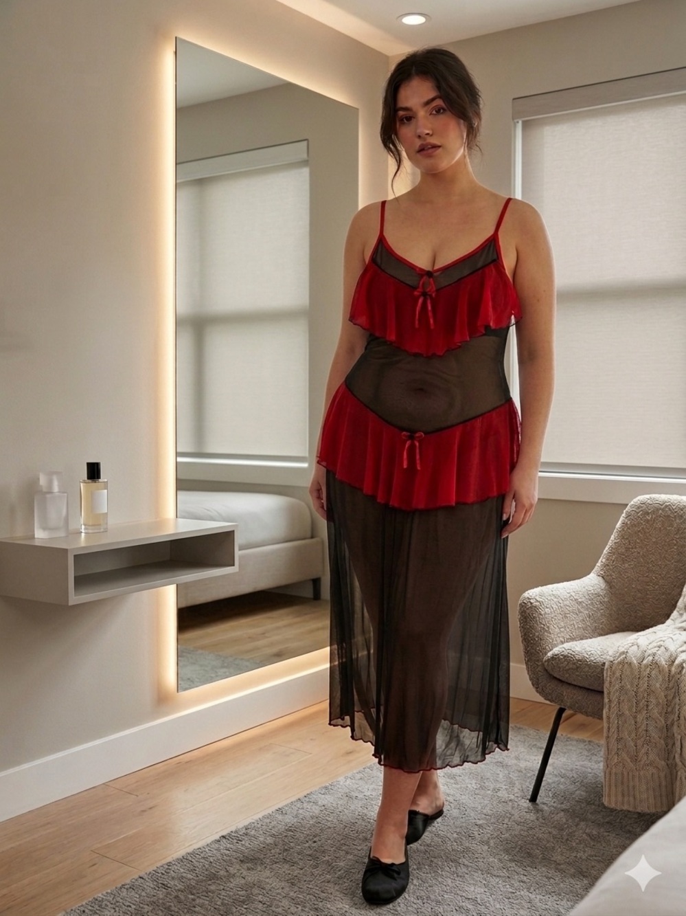Vintage S.S.O High Fashion Sheer Black & Red Tiered Ruffle Mesh Negligee XXL